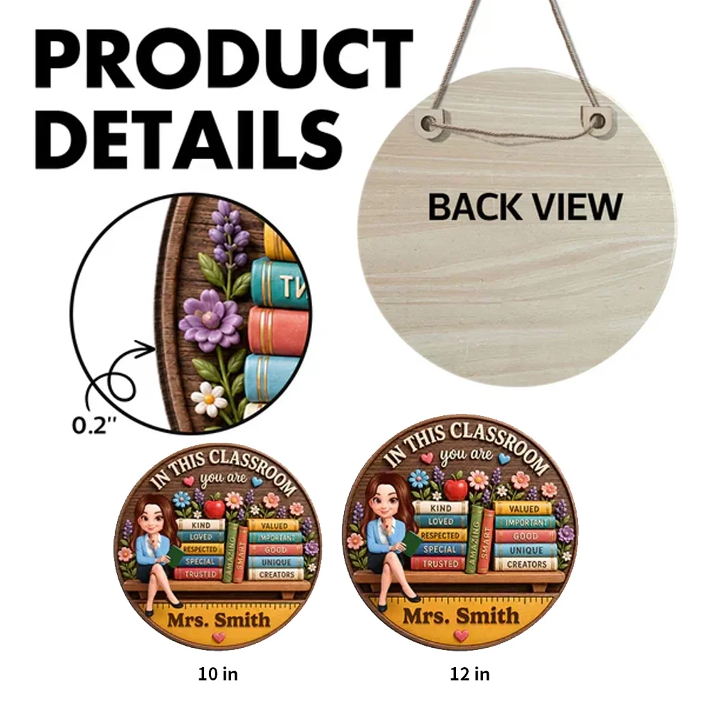 Personalized Wooden Sign for Teacher, Classroom Door Decor with Cartoon Teacher & Books, Unique Gift - Image 4