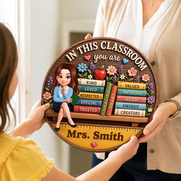 Personalized Wooden Sign for Teacher, Classroom Door Decor with Cartoon Teacher & Books, Unique Gift - Image 5