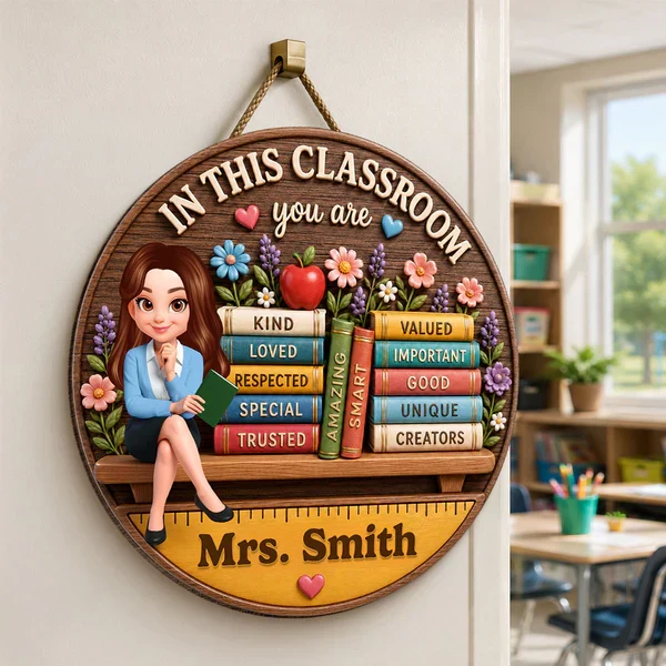 Personalized Wooden Sign for Teacher, Classroom Door Decor with Cartoon Teacher & Books, Unique Gift - Image 6