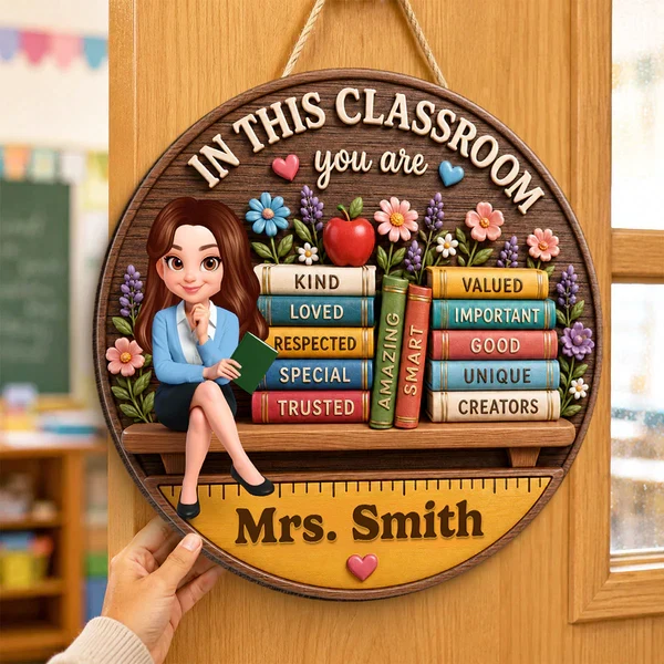 Personalized Wooden Sign for Teacher, Classroom Door Decor with Cartoon Teacher & Books, Unique Gift - Image 7