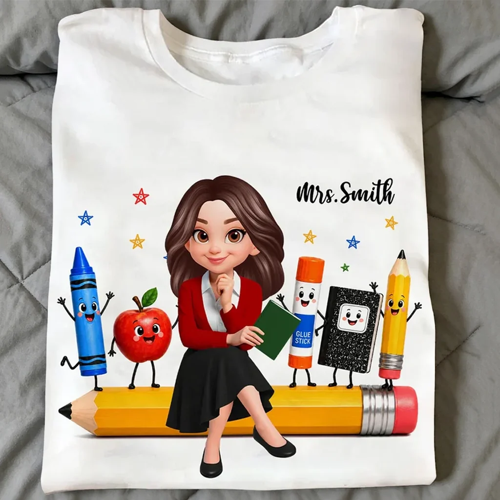 Personalized Teacher Classic Tee With Cartoon School Supplies, Unique Back to School Gift