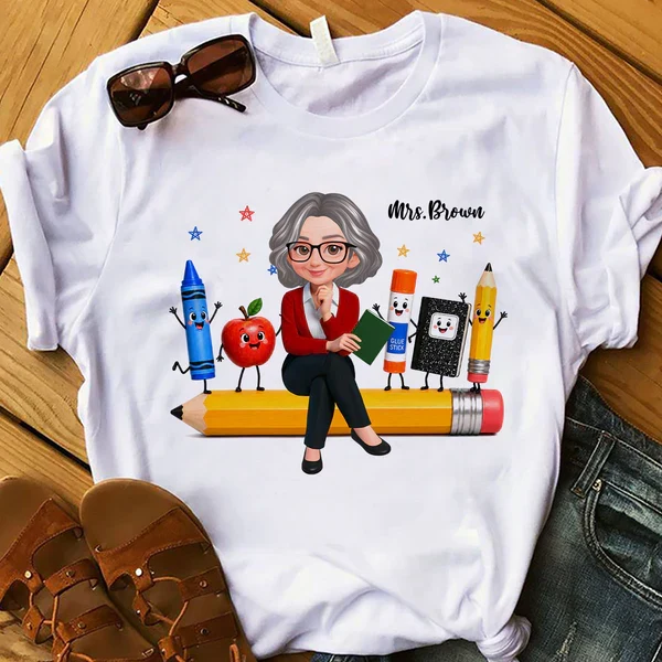 Personalized Teacher Classic Tee With Cartoon School Supplies, Unique Back to School Gift - Image 2