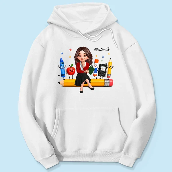 Personalized Teacher Classic Tee With Cartoon School Supplies, Unique Back to School Gift - Image 3