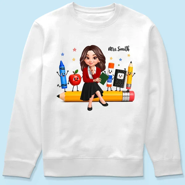 Personalized Teacher Classic Tee With Cartoon School Supplies, Unique Back to School Gift - Image 4