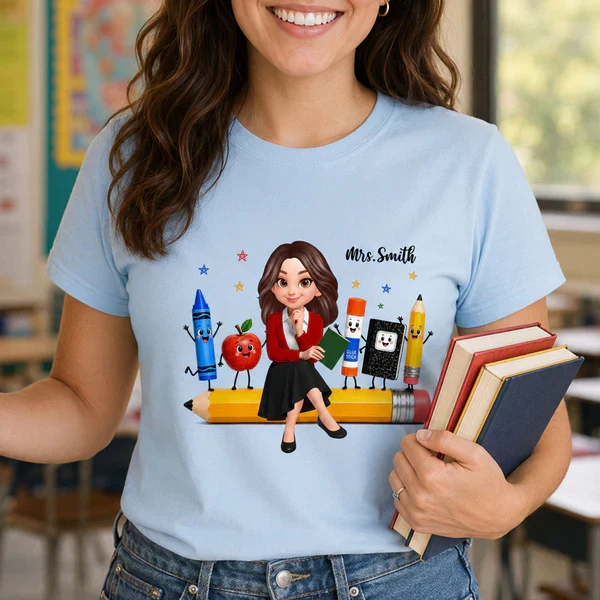 Personalized Teacher Classic Tee With Cartoon School Supplies, Unique Back to School Gift - Image 5
