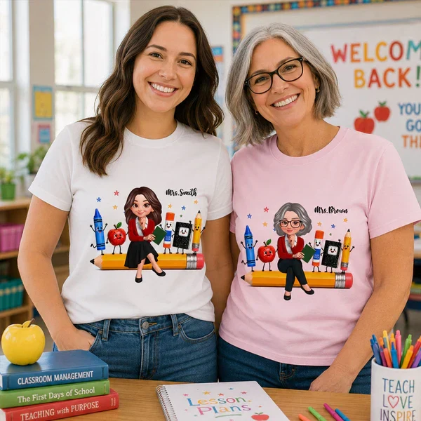 Personalized Teacher Classic Tee With Cartoon School Supplies, Unique Back to School Gift - Image 6