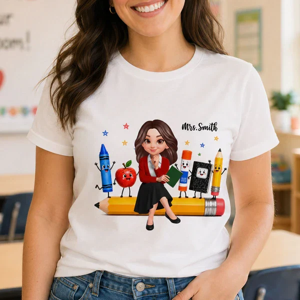 Personalized Teacher Classic Tee With Cartoon School Supplies, Unique Back to School Gift - Image 7