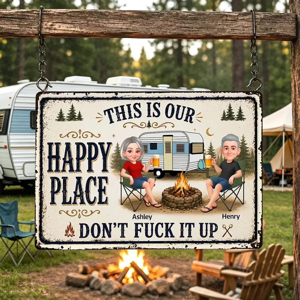 Personalized Rectangular Iron Sign, Sitting Camping Couple By Campfire, Creative Gift For Campers