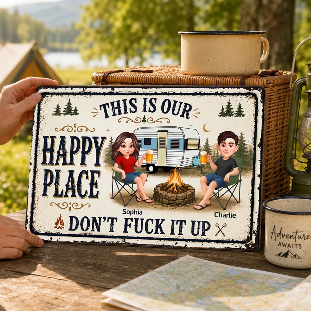 Personalized Rectangular Iron Sign, Sitting Camping Couple By Campfire, Creative Gift For Campers - Image 2