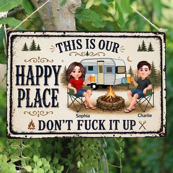 Personalized Rectangular Iron Sign, Sitting Camping Couple By Campfire, Creative Gift For Campers - Image 3