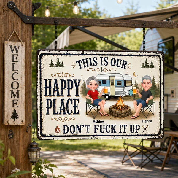 Personalized Rectangular Iron Sign, Sitting Camping Couple By Campfire, Creative Gift For Campers - Image 6