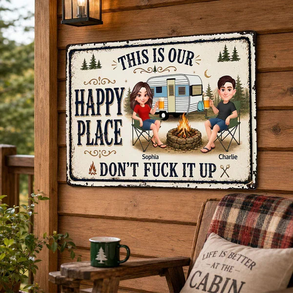 Personalized Rectangular Iron Sign, Sitting Camping Couple By Campfire, Creative Gift For Campers - Image 7