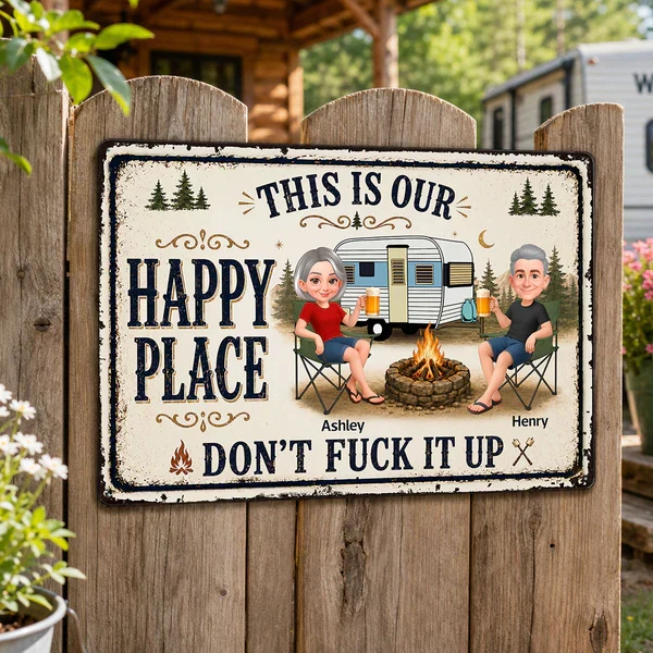 Personalized Rectangular Iron Sign, Sitting Camping Couple By Campfire, Creative Gift For Campers - Image 8