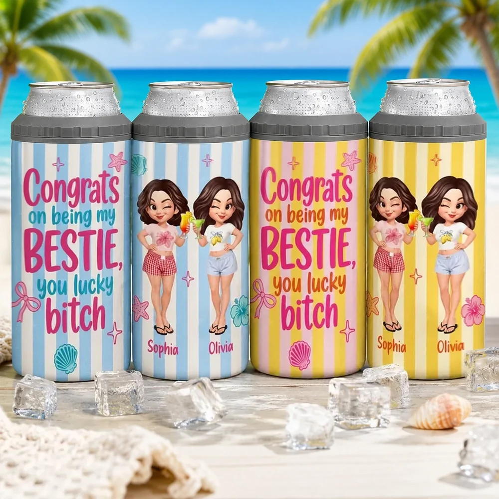 Personalized Can Cooler With Cartoon Besties, Stripe Beach Style, Unique Gift For Best Friend