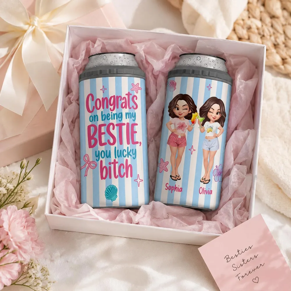 Personalized Can Cooler With Cartoon Besties, Stripe Beach Style, Unique Gift For Best Friend - Image 2