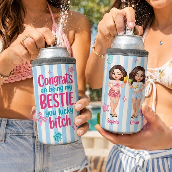 Personalized Can Cooler With Cartoon Besties, Stripe Beach Style, Unique Gift For Best Friend - Image 3