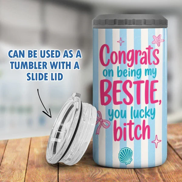 Personalized Can Cooler With Cartoon Besties, Stripe Beach Style, Unique Gift For Best Friend - Image 5