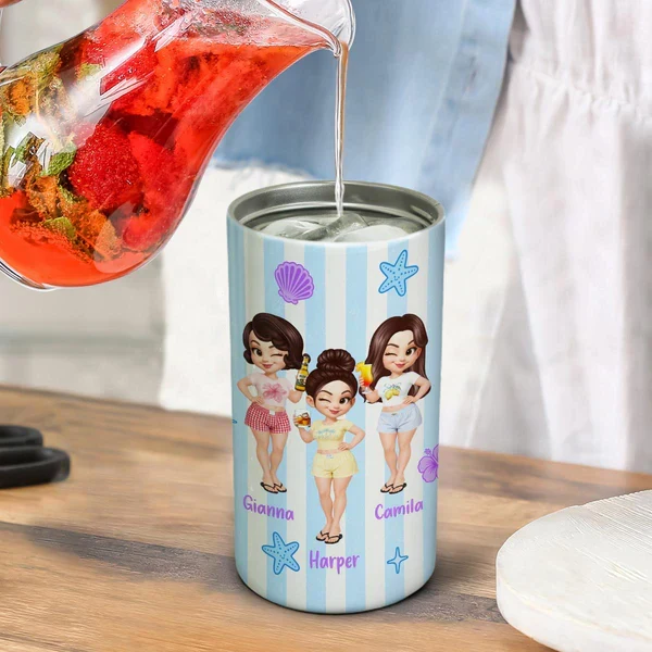 Personalized Can Cooler With Cartoon Besties, Stripe Beach Style, Unique Gift For Best Friend - Image 7