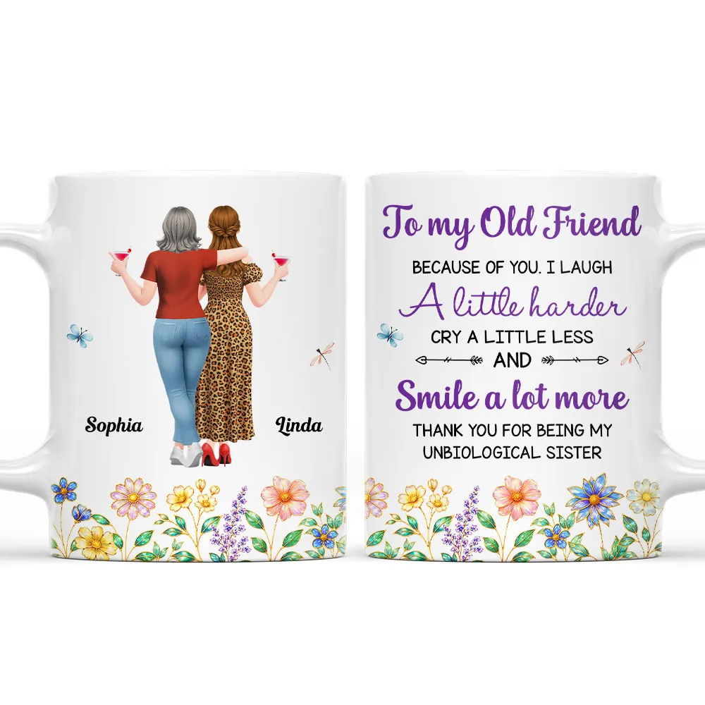 Personalized White Ceramic Mug With Old Friends & Floral Art, Unique Gift For Sister Friend - Image 2