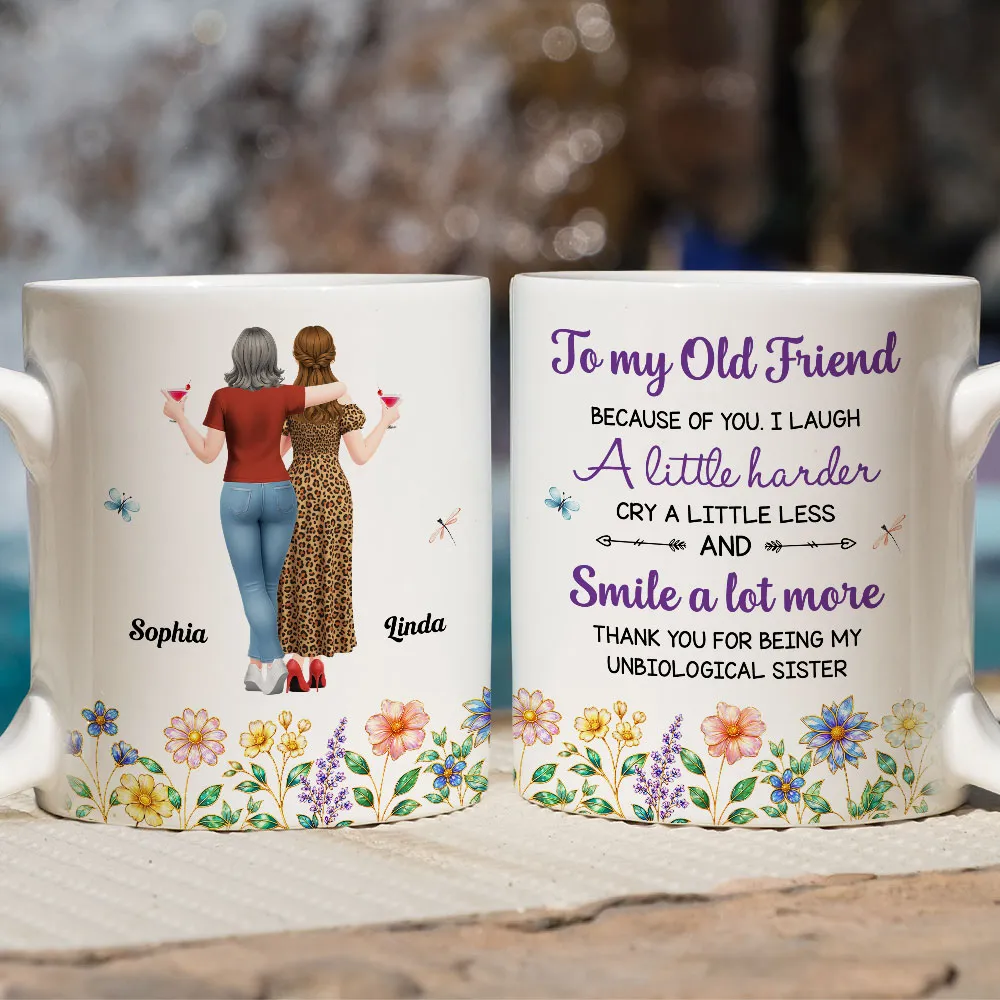 Personalized White Ceramic Mug With Old Friends & Floral Art, Unique Gift For Sister Friend - Image 3