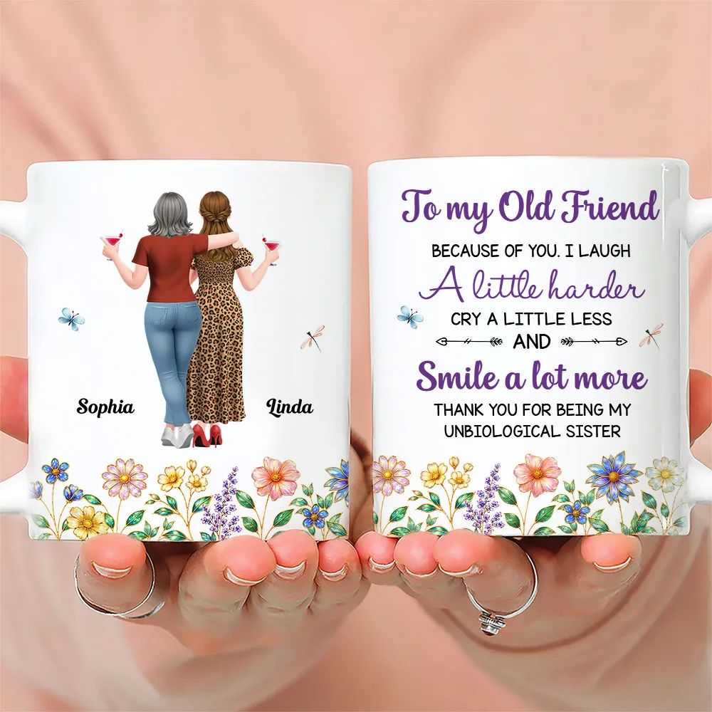 Personalized White Ceramic Mug With Old Friends & Floral Art, Unique Gift For Sister Friend - Image 4