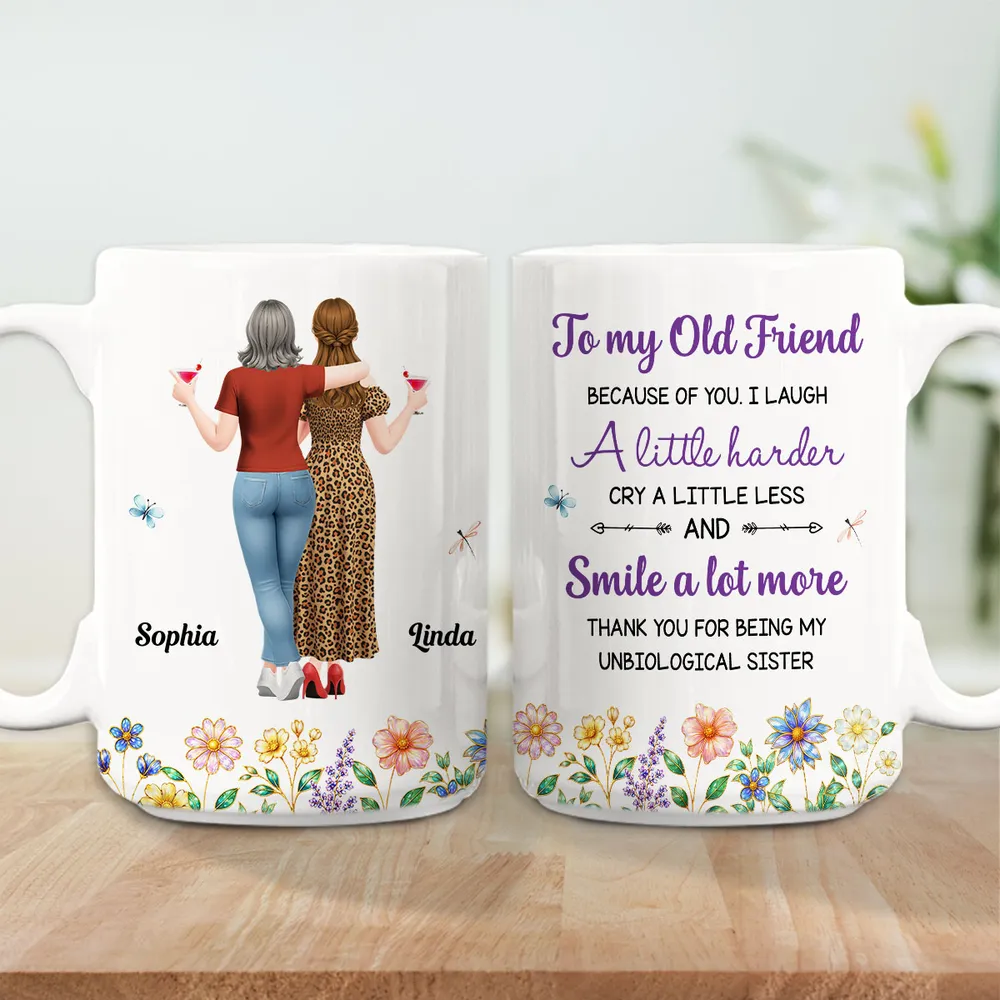 Personalized White Ceramic Mug With Old Friends & Floral Art, Unique Gift For Sister Friend - Image 5