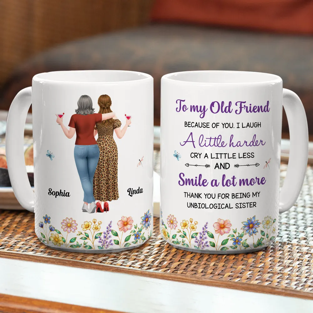 Personalized White Ceramic Mug With Old Friends & Floral Art, Unique Gift For Sister Friend - Image 6