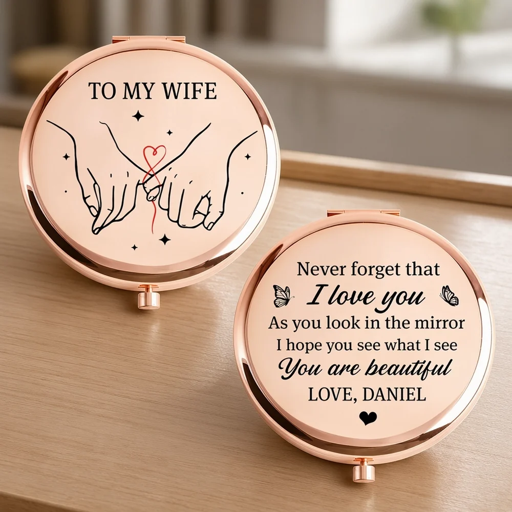 Personalized Metal Compact Mirror For Wife, Pinky Promise Art, Unique Creative Gift She Can Carry