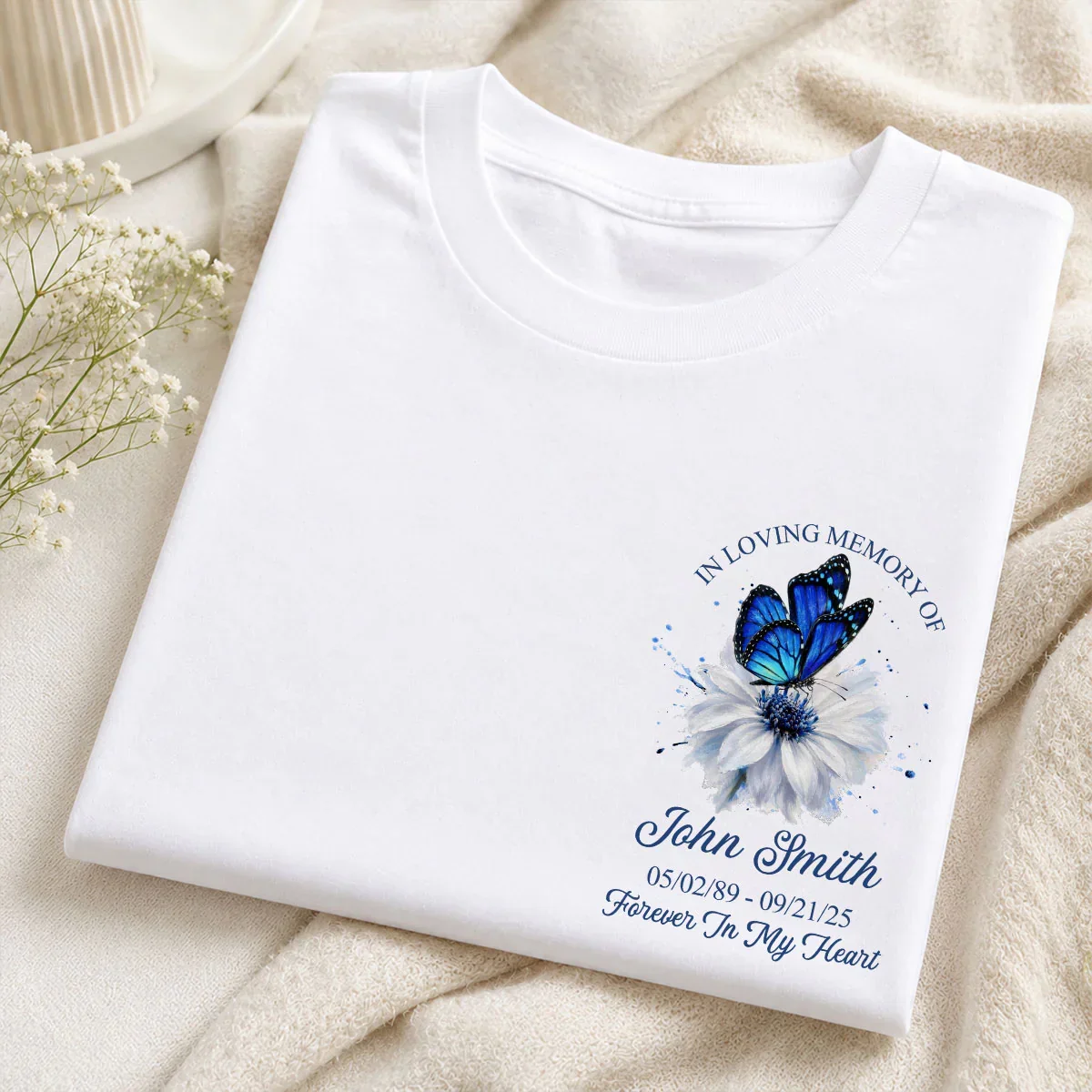 Personalized Classic Tee with Forever In My Heart Butterfly Design, Creative Remembrance Gift for Loved One - Image 3