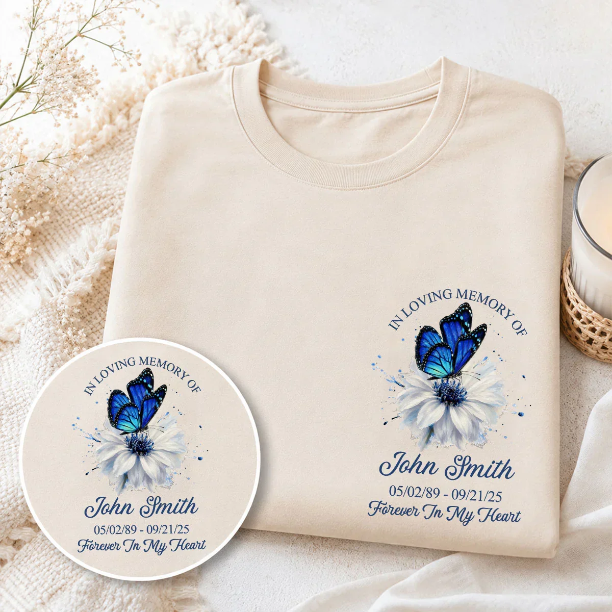 Personalized Classic Tee with Forever In My Heart Butterfly Design, Creative Remembrance Gift for Loved One - Image 4