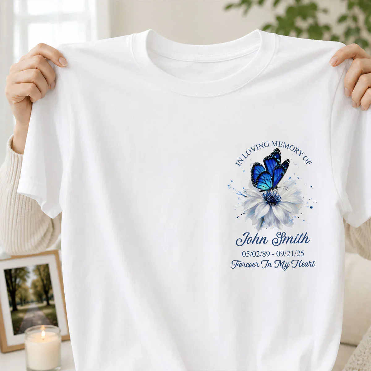 Personalized Classic Tee with Forever In My Heart Butterfly Design, Creative Remembrance Gift for Loved One - Image 6