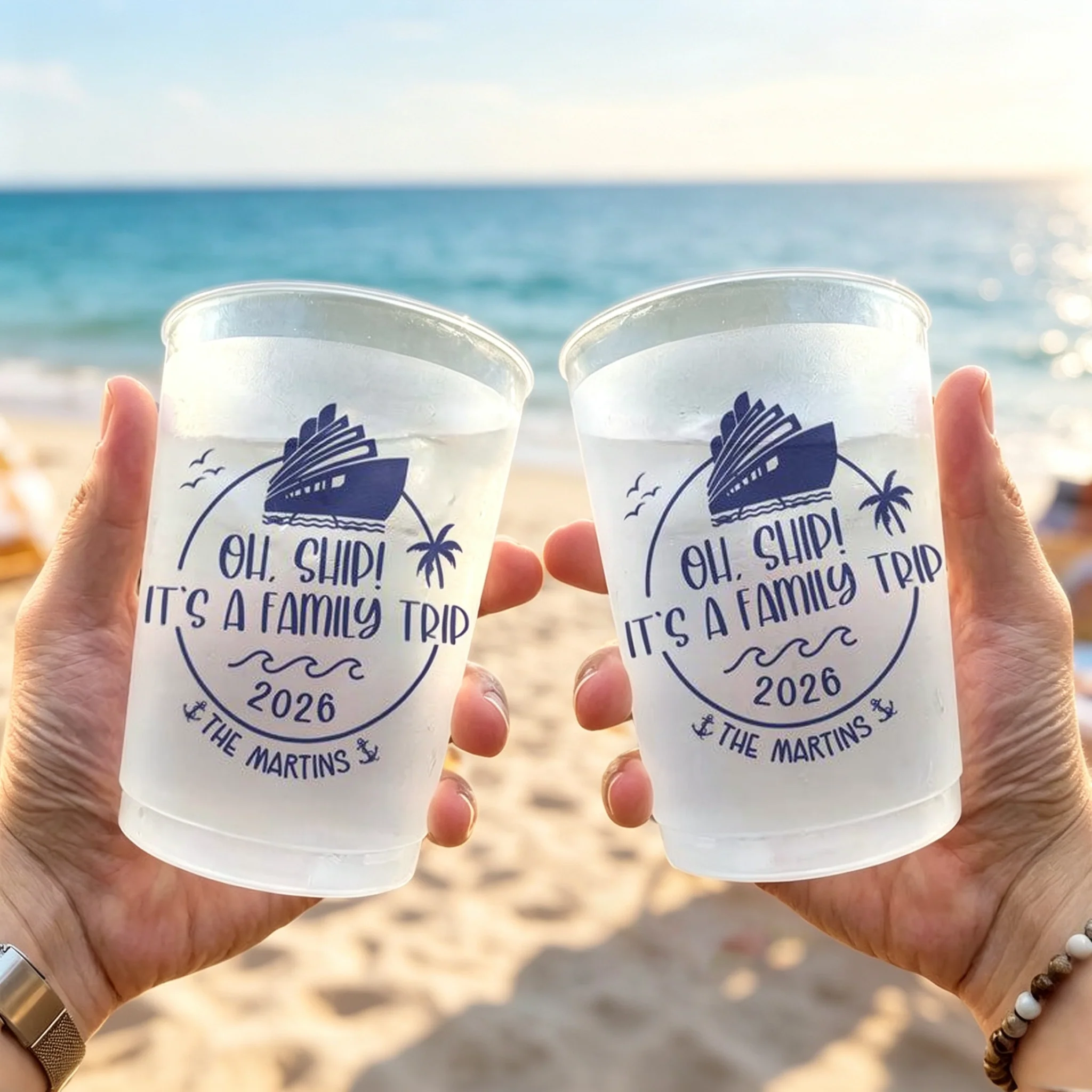 Personalized Frosted Plastic Cup, Oh Ship Family Trip Cruise Design, Unique Gift for Family Sunset Cruises