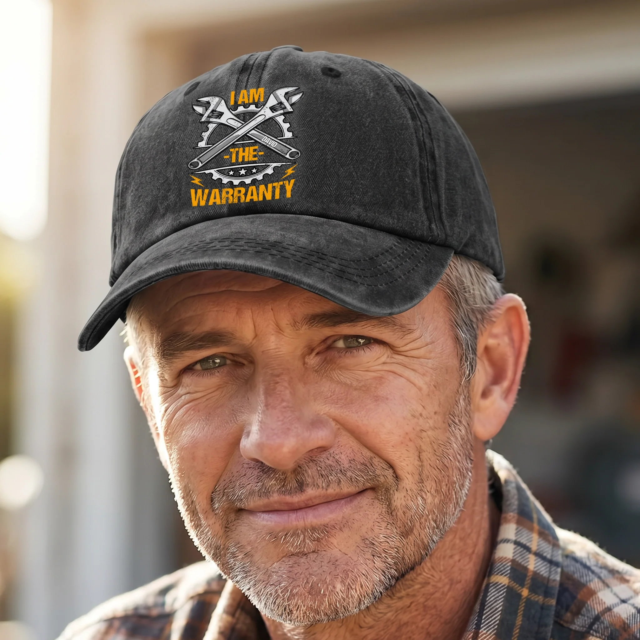 Washed Denim Baseball Cap with Funny Wrench Graphic, Personalized Unique Gift for Grandpa & Garage Fans - Image 2