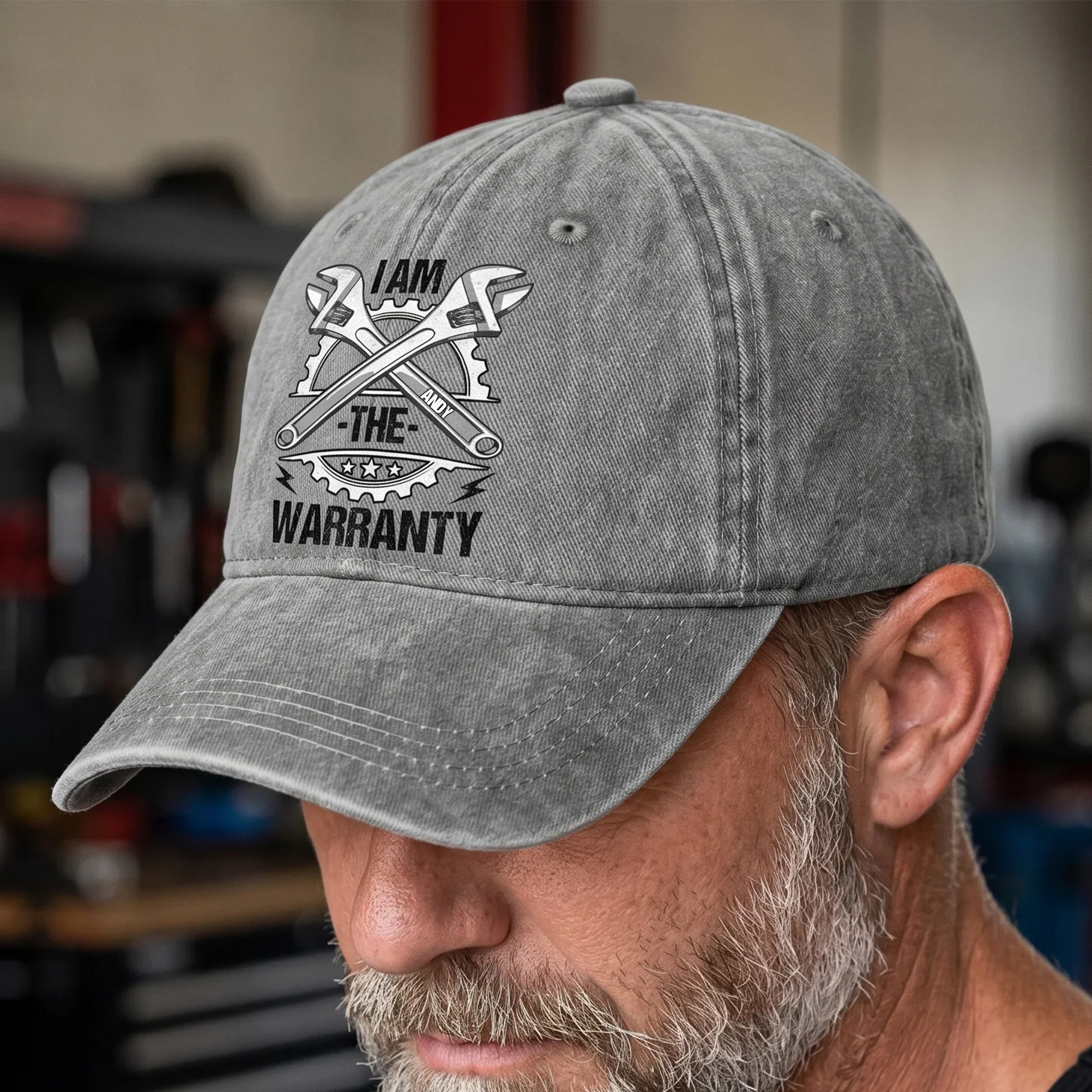 Washed Denim Baseball Cap with Funny Wrench Graphic, Personalized Unique Gift for Grandpa & Garage Fans - Image 3