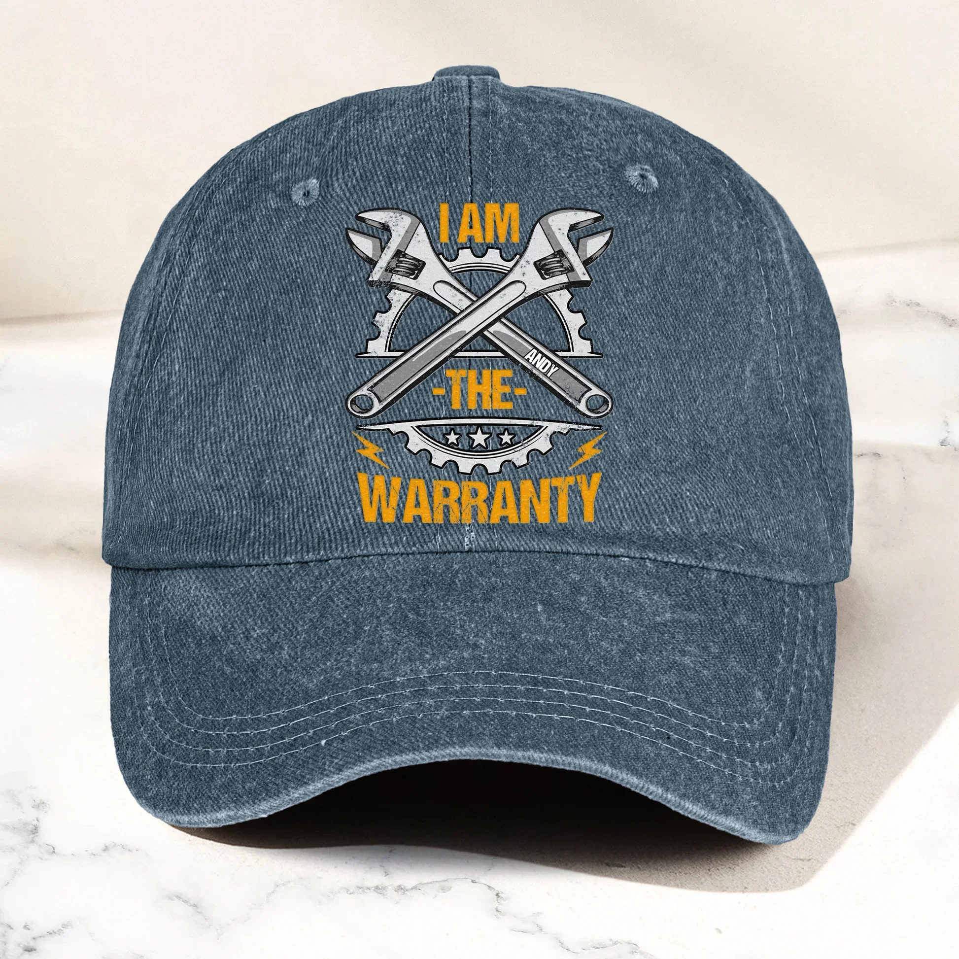 Washed Denim Baseball Cap with Funny Wrench Graphic, Personalized Unique Gift for Grandpa & Garage Fans - Image 5