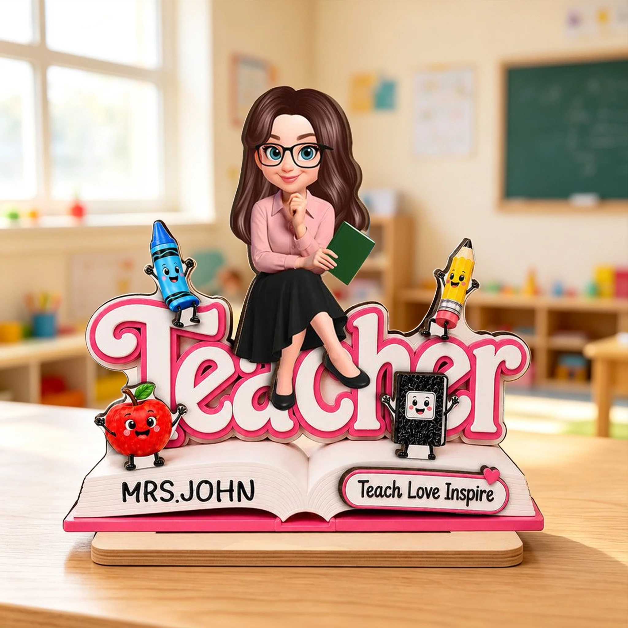Custom 2-Layer Wooden Plaque, Cute Cartoon Teacher With Book, Creative Gift for a Caring Educator