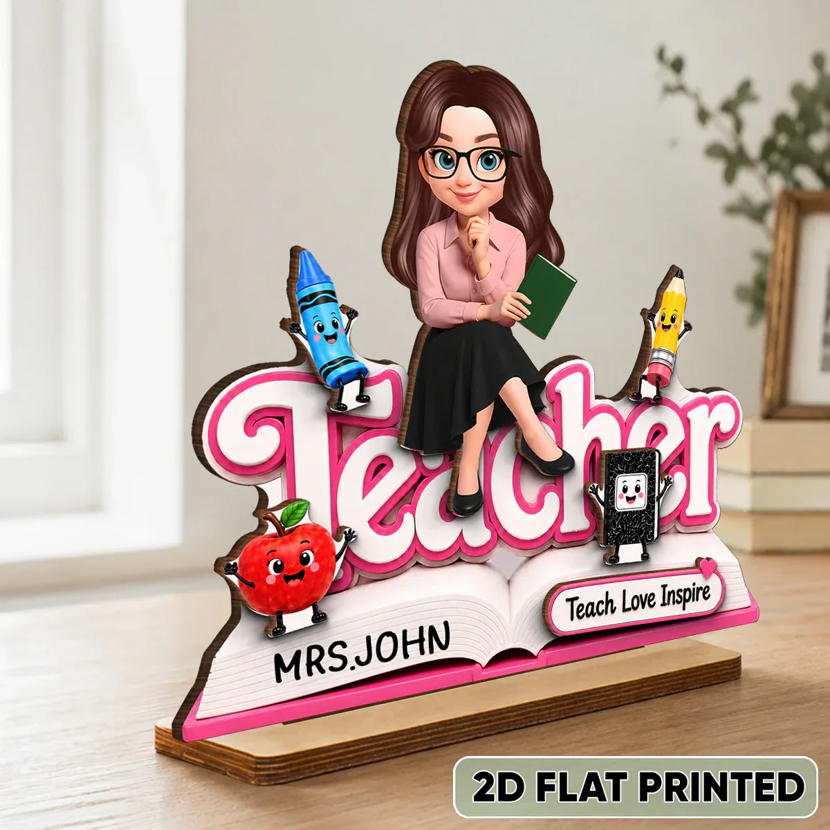 Custom 2-Layer Wooden Plaque, Cute Cartoon Teacher With Book, Creative Gift for a Caring Educator - Image 2