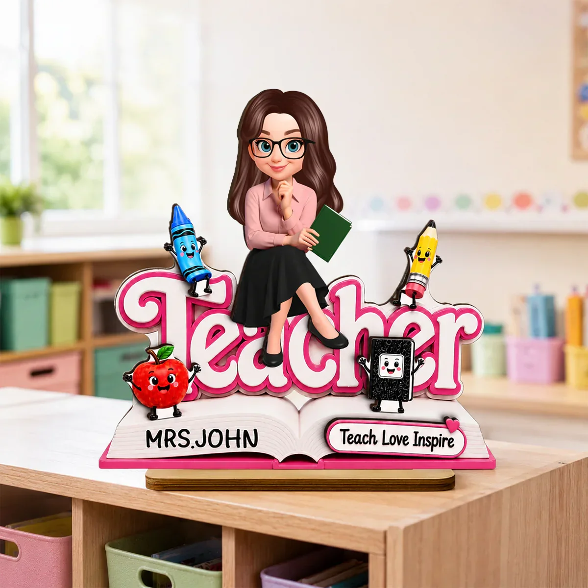 Custom 2-Layer Wooden Plaque, Cute Cartoon Teacher With Book, Creative Gift for a Caring Educator - Image 3