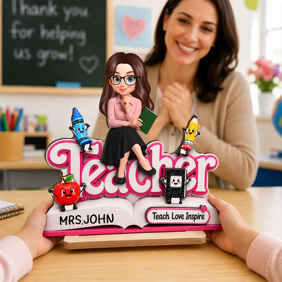 Custom 2-Layer Wooden Plaque, Cute Cartoon Teacher With Book, Creative Gift for a Caring Educator - Image 6