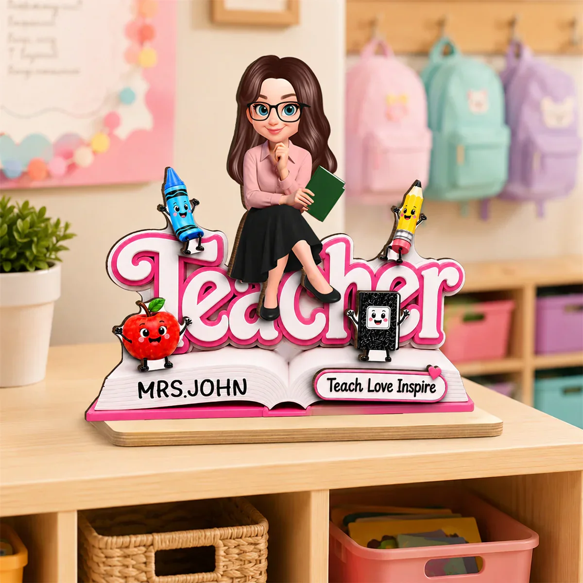 Custom 2-Layer Wooden Plaque, Cute Cartoon Teacher With Book, Creative Gift for a Caring Educator - Image 7