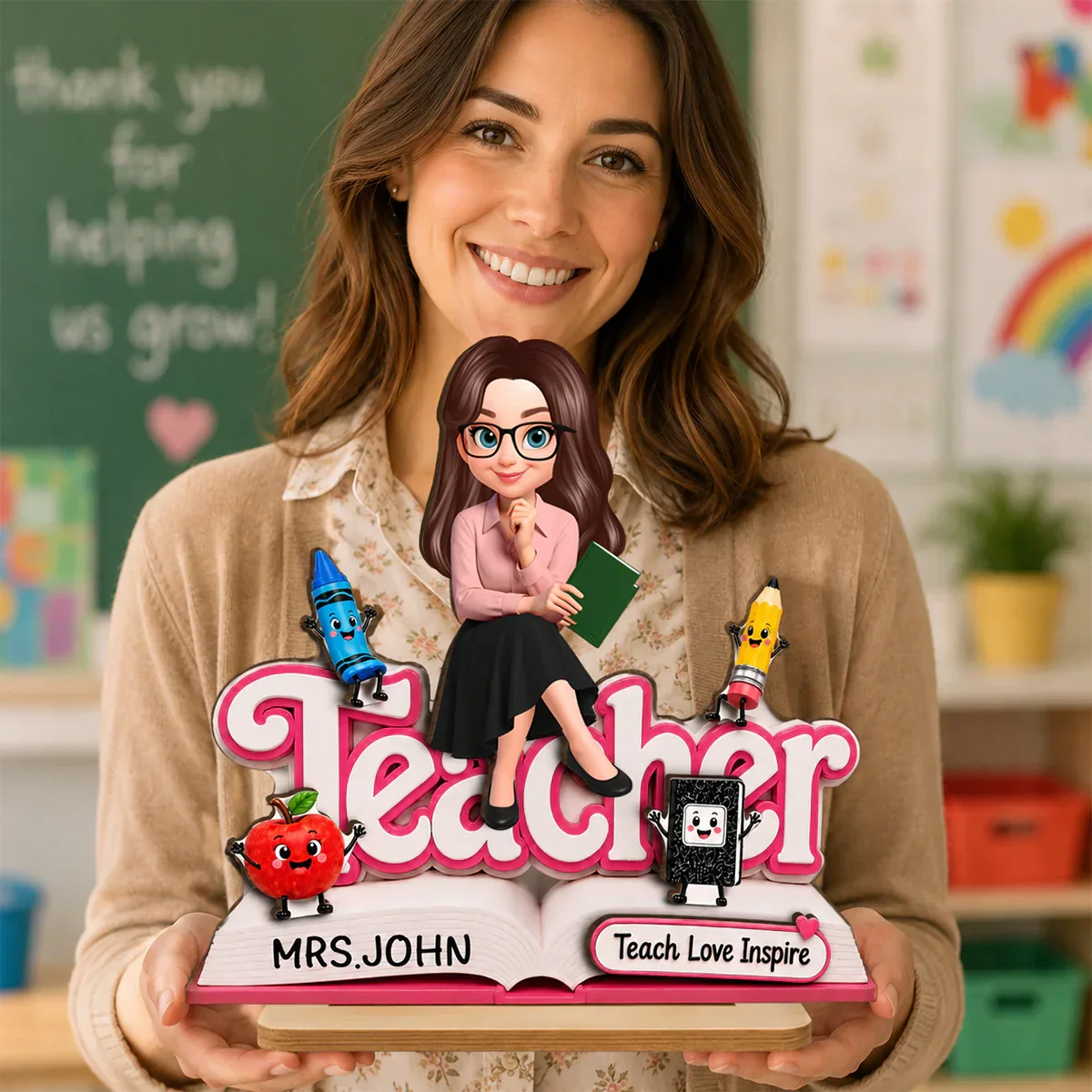 Custom 2-Layer Wooden Plaque, Cute Cartoon Teacher With Book, Creative Gift for a Caring Educator - Image 8