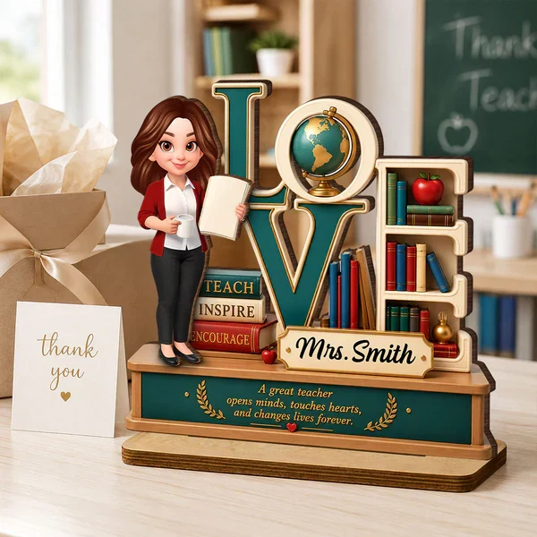 Personalized 2-Layer Wooden Plaque with Standing Teacher, Books & Globe, Unique Teacher Gift - Image 2