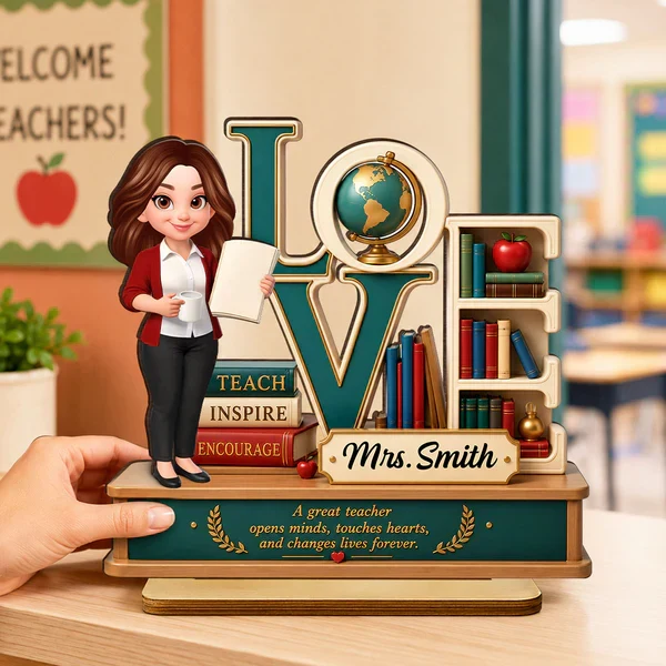 Personalized 2-Layer Wooden Plaque with Standing Teacher, Books & Globe, Unique Teacher Gift - Image 3