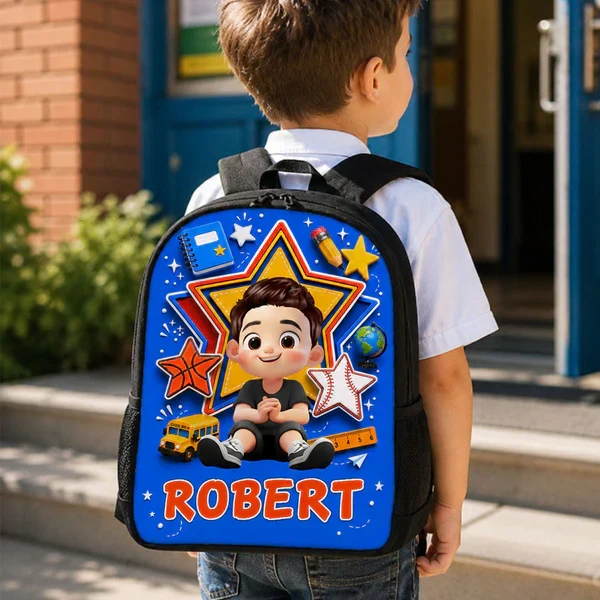 Personalized Kids School Backpack with Sitting Cartoon Boy, Classroom Style, Creative Gift for Son - Image 7
