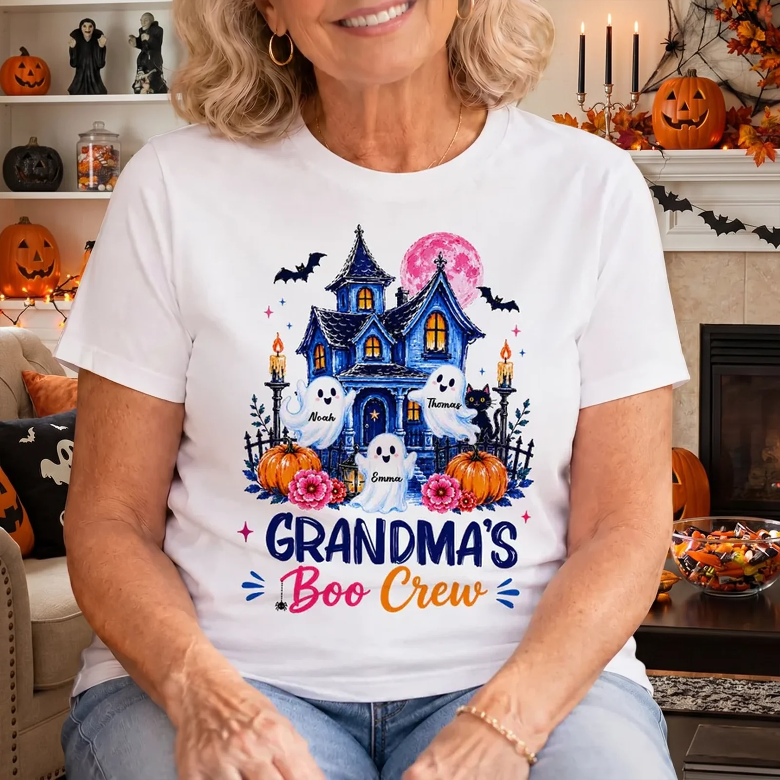 Personalized Classic Tee for Grandma, Watercolor Haunted House Boo Crew, Unique Halloween Gift