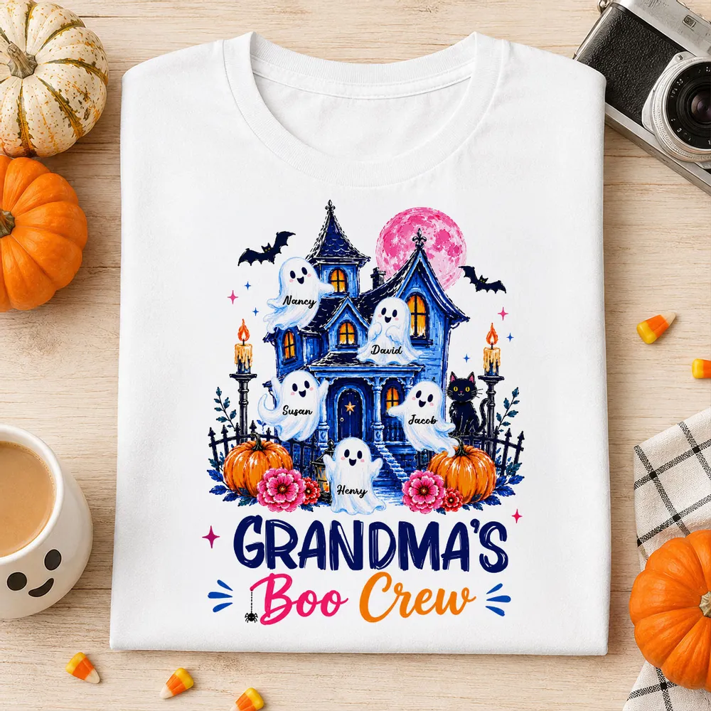 Personalized Classic Tee for Grandma, Watercolor Haunted House Boo Crew, Unique Halloween Gift - Image 2