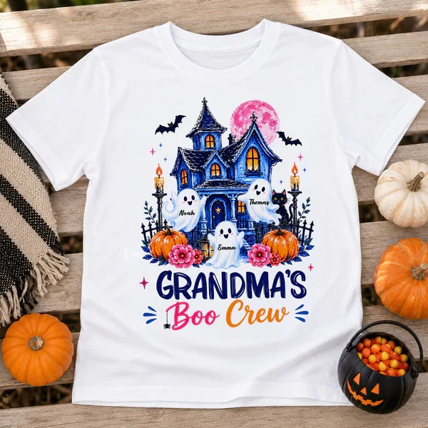 Personalized Classic Tee for Grandma, Watercolor Haunted House Boo Crew, Unique Halloween Gift - Image 3
