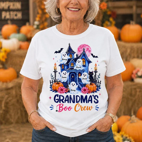 Personalized Classic Tee for Grandma, Watercolor Haunted House Boo Crew, Unique Halloween Gift - Image 4