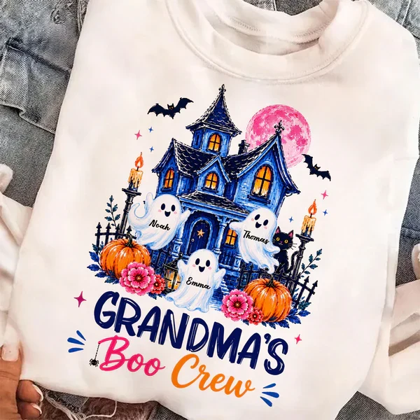 Personalized Classic Tee for Grandma, Watercolor Haunted House Boo Crew, Unique Halloween Gift - Image 5