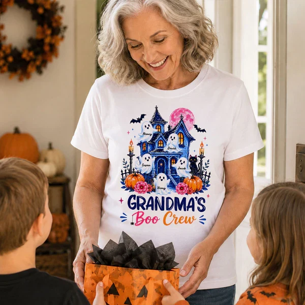 Personalized Classic Tee for Grandma, Watercolor Haunted House Boo Crew, Unique Halloween Gift - Image 6